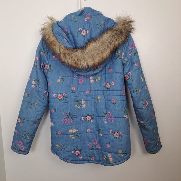 Eve Blue Colorful Floral Quilted Fur Trim Hood Cute Girly Zip Up Coat Size M - Picture 2 of 8